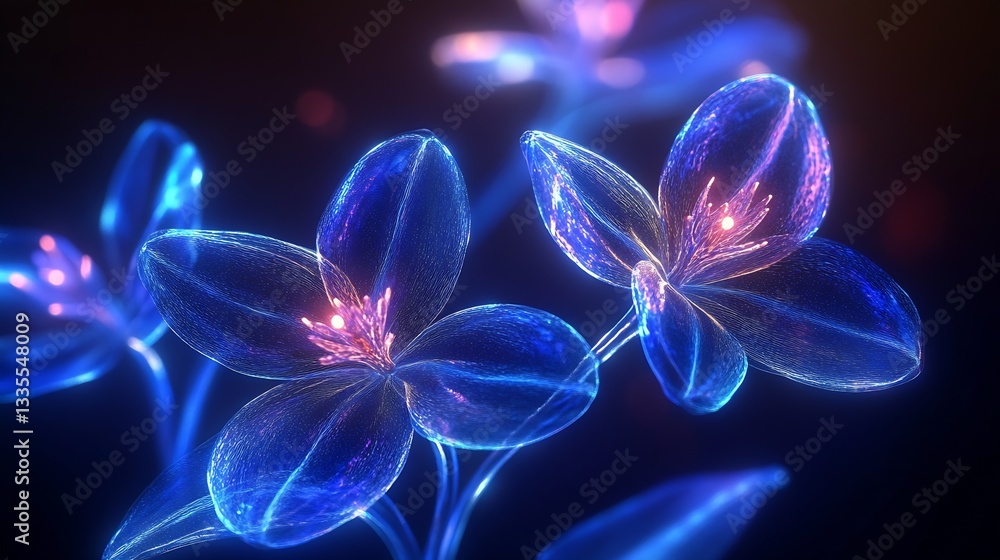 Fototapete Beautiful glowing flowers with ethereal light in a dark background creating a mesmerizing visual experience : Generative AI