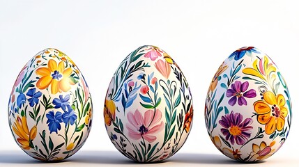 Exquisite Hand-Painted Easter Eggs with Floral Designs on a Light Background : Generative AI