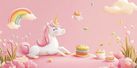 Obraz premium An Adorable Unicorn Surrounded By Cakes Rainbows And Sweet Delights