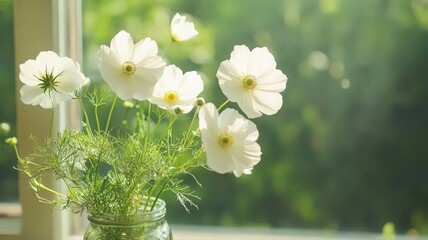 White Cosmos Flowers in Sunlight