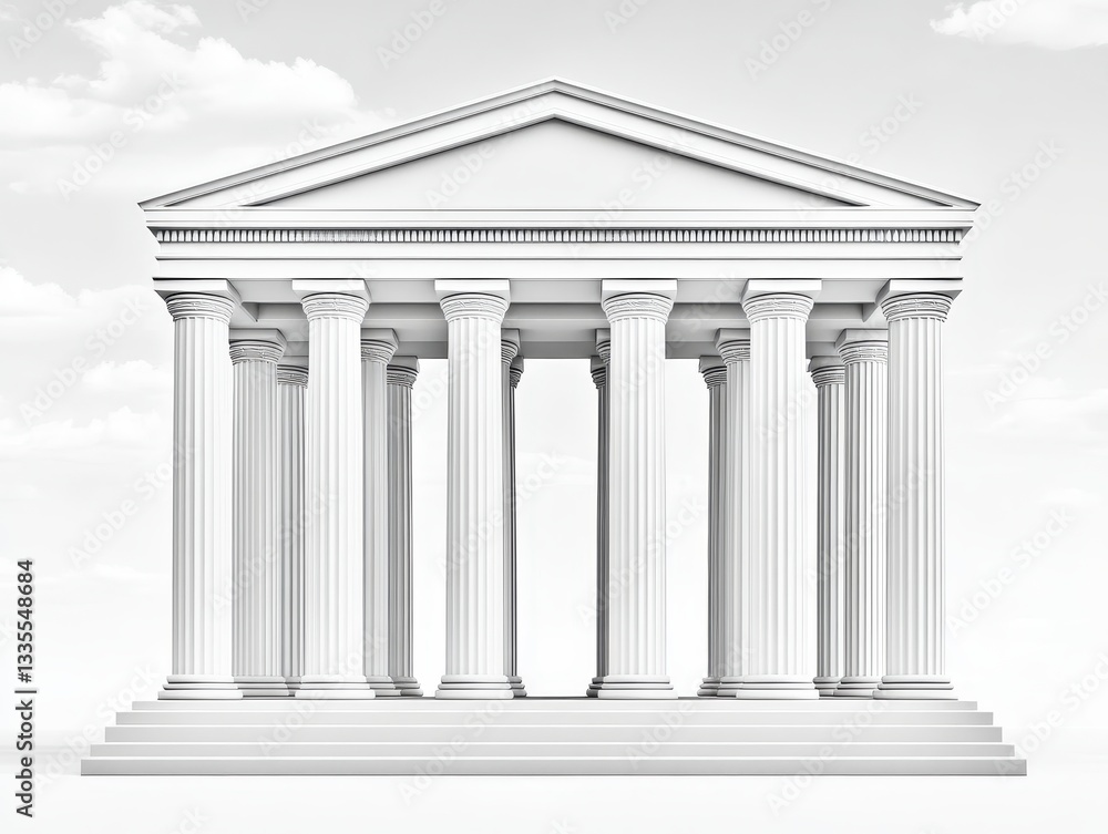 Poster classic white columned building with a clear sky and soft clouds in the background