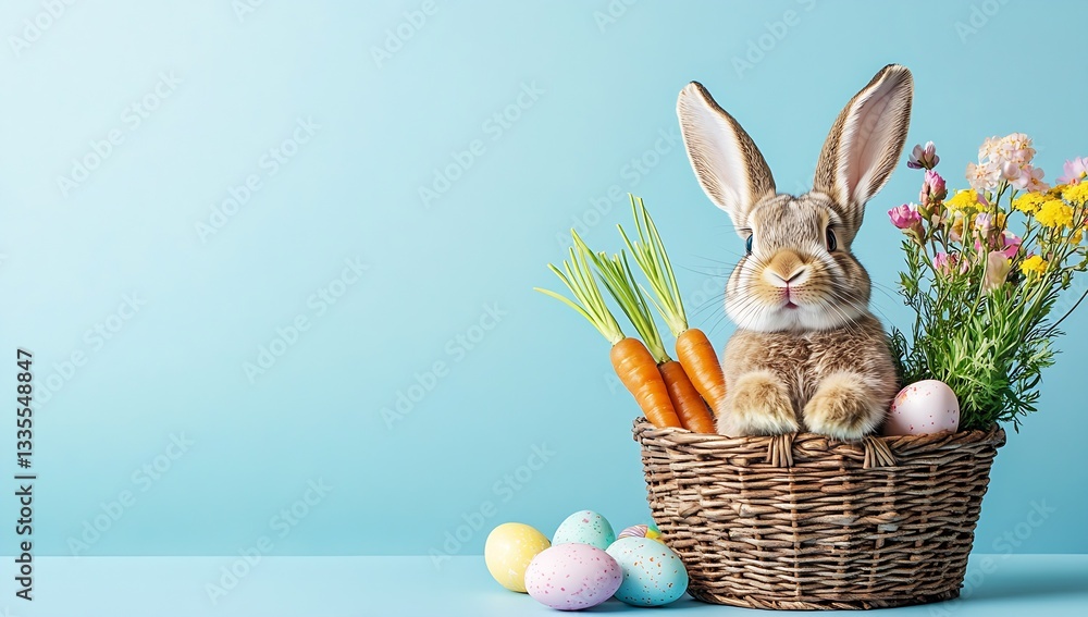 Poster charming rabbit nestled in a basket surrounded by colorful easter eggs and vibrant flowers for a fes