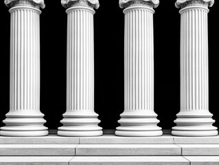 Four classical white columns stand majestically against a black backdrop
