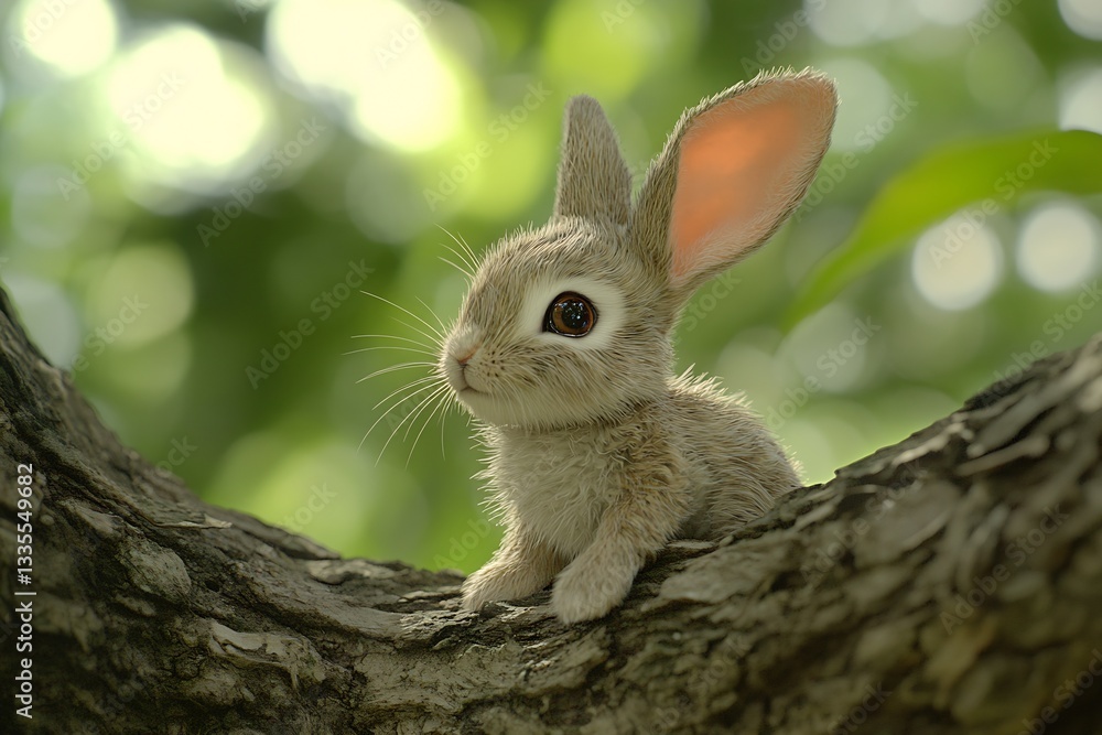 Poster Young rabbit perched on a tree branch with a soft bokeh background in a sunny forest : Generative AI
