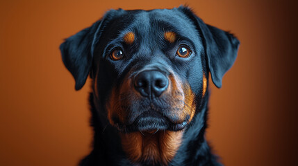Obraz premium Powerful and muscular Rottweiler dog standing with an alert and confident gaze strong black and brown guard dog with fierce eyes and a serious expression in a detailed closeup portrait