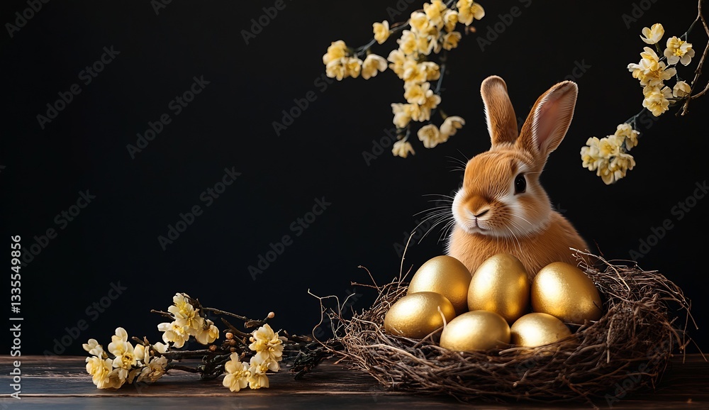 Poster fluffy rabbit surrounded by golden eggs and delicate yellow flowers creating a serene spring atmosph
