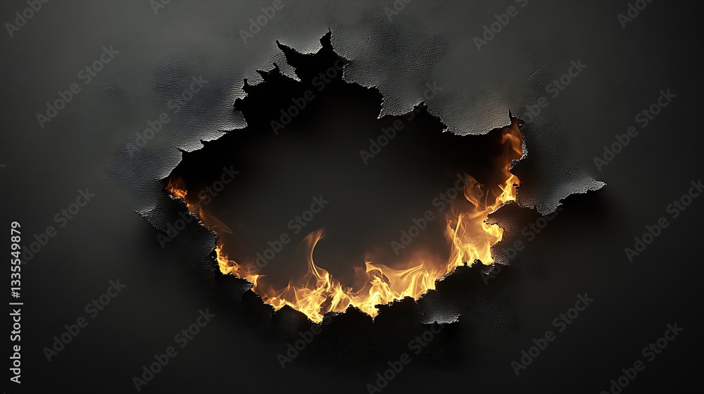 Poster a dramatic black background with flames erupting through a torn edge creating impact : generative ai