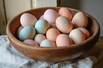 Beautifully arranged pastel colored eggs in a rustic wooden bowl for festive decoration : Generative AI