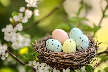 Obraz premium Charming bird nest with colorful spotted eggs nestled among spring flowers and green leaves : Generative AI