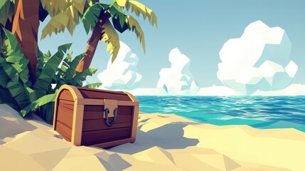 Low Poly Treasure Chest on Tropical Island Beach