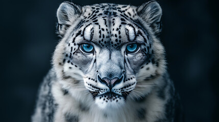 Powerful snow leopard with thick white and grey spotted fur and piercing blue eyes staring intensely in a dramatic closeup portrait of a fierce wild feline in a winter wilderness
