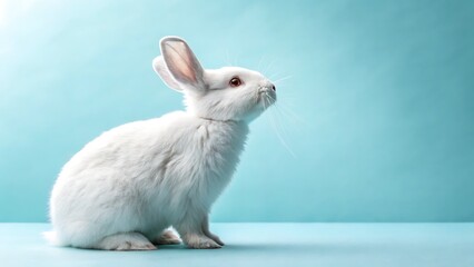 Obraz premium A Pristine White Rabbit, Alert And Curious, Gazes Towards A Bright, Serene Horizon Against A Soft, Pale Blue Backdrop