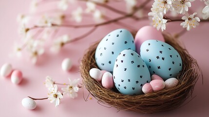 Fototapeta premium Colorful Easter eggs in a nest surrounded by blossoms and pink accents : Generative AI