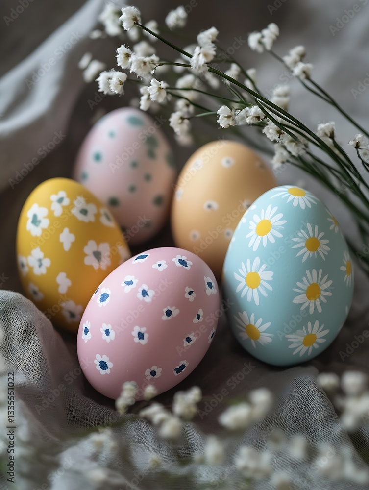 Poster A charming collection of colorful Easter eggs with floral patterns displayed on soft fabric with delicate flowers : Generative AI