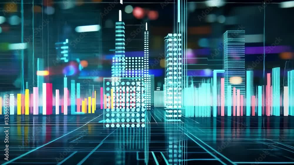 Poster futuristic digital cityscape with neon lights and abstract skyscrapers showcasing vibrant and dynami