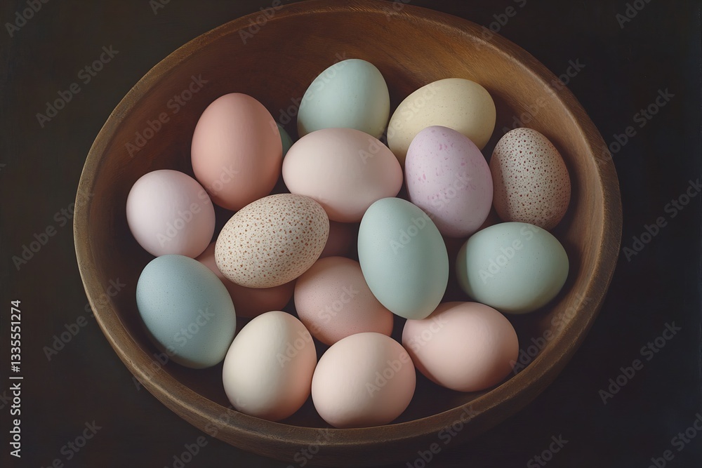 Poster colorful collection of speckled and smooth eggs in a rustic wooden bowl : generative ai