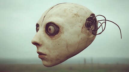 A 3D render of a decaying robotic head.