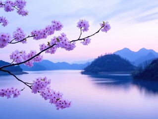Serene Sunset Over a Tranquil Lake Framed by Cherry Blossom Branches