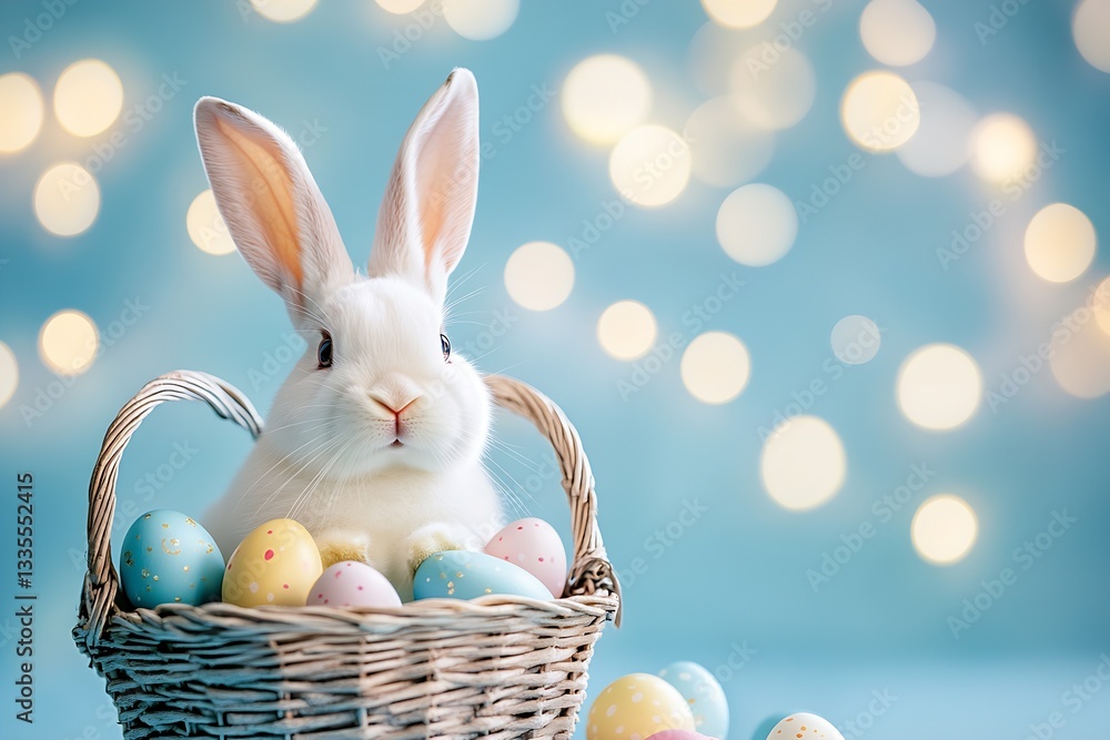 Poster adorable white rabbit with large ears sitting in a basket filled with easter eggs against a dreamy b