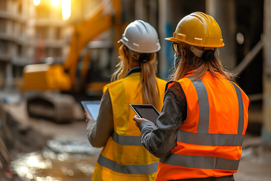 Two women wearing orange vests and hard hats are looking at a tablet