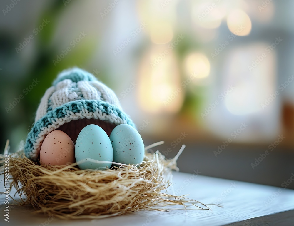 Aufkleber charming colorful eggs nestled in a cozy nest decorated with a knitted hat at home : generative ai
