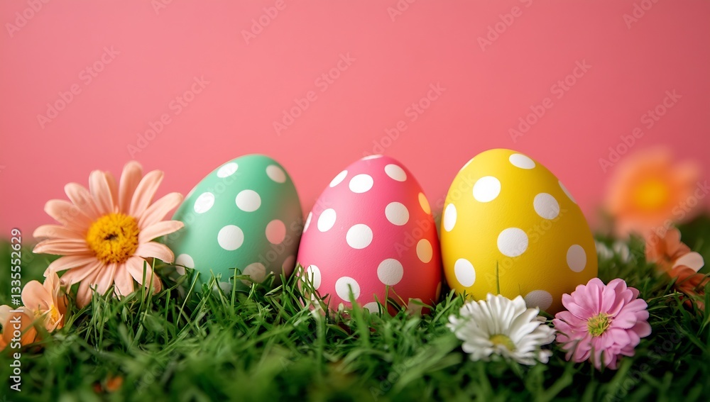 Poster colorful easter eggs with polka dots arranged in grass with blooming flowers against a pink backgrou