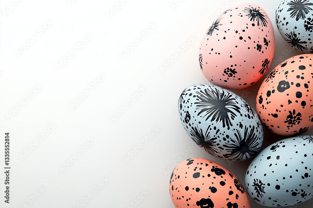 Poster colorful easter eggs with artistic black patterns arranged on a white background : generative ai