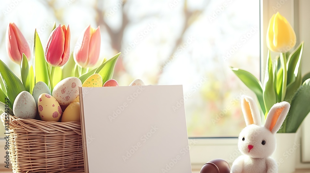 Poster springtime scene with colorful easter eggs in a basket surrounded by vibrant tulips : generative ai
