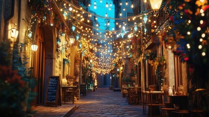 Obraz premium Enchanting alleyway adorned with glowing lights and charming cafes creates a magical ambiance