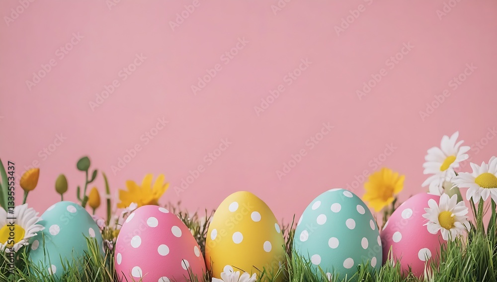 Aufkleber charming pastel easter eggs with polka dots placed on grassy bed surrounded by flowers against a sof