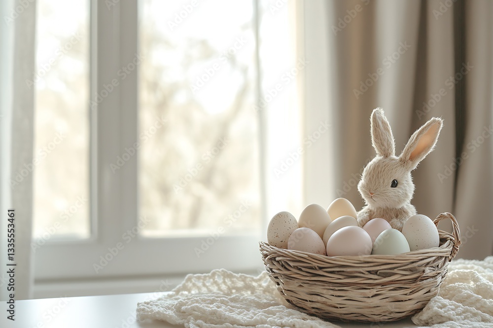 Aufkleber Charming plush bunny surrounded by colorful Easter eggs in a cozy indoor setting with soft light : Generative AI