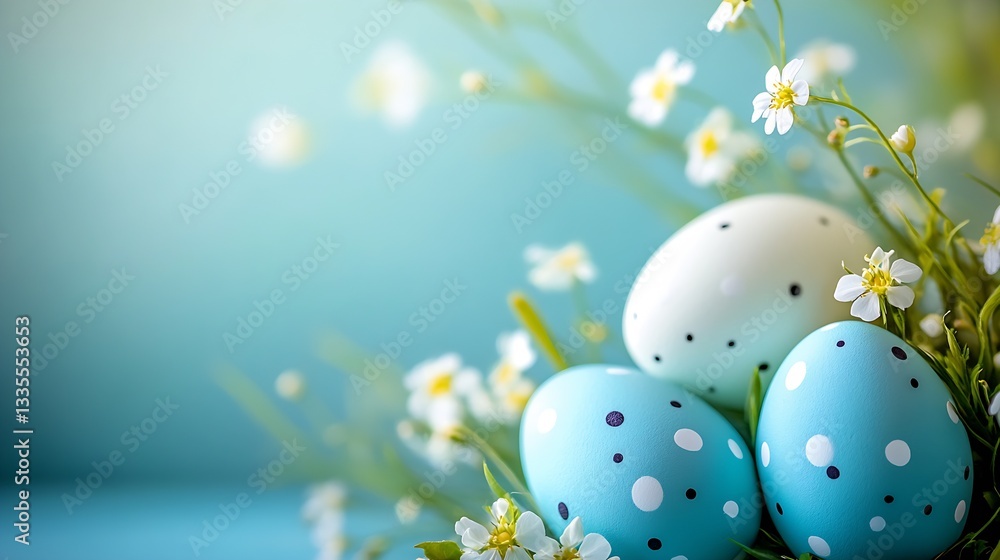 Aufkleber beautiful blue easter eggs arranged with delicate flowers on a soft background for spring celebratio