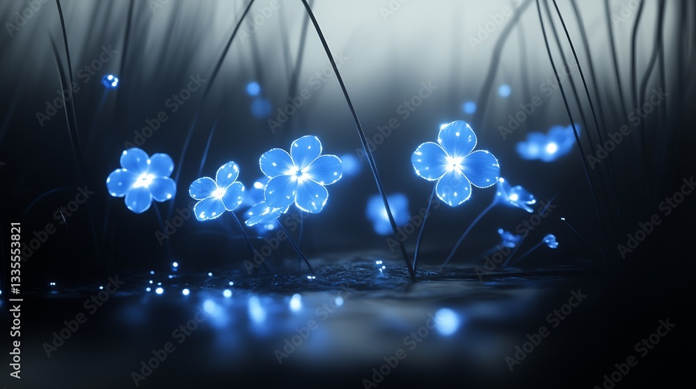 Poster mesmerizing glow of blue flowers in a serene environment creating a magical atmosphere : generative 