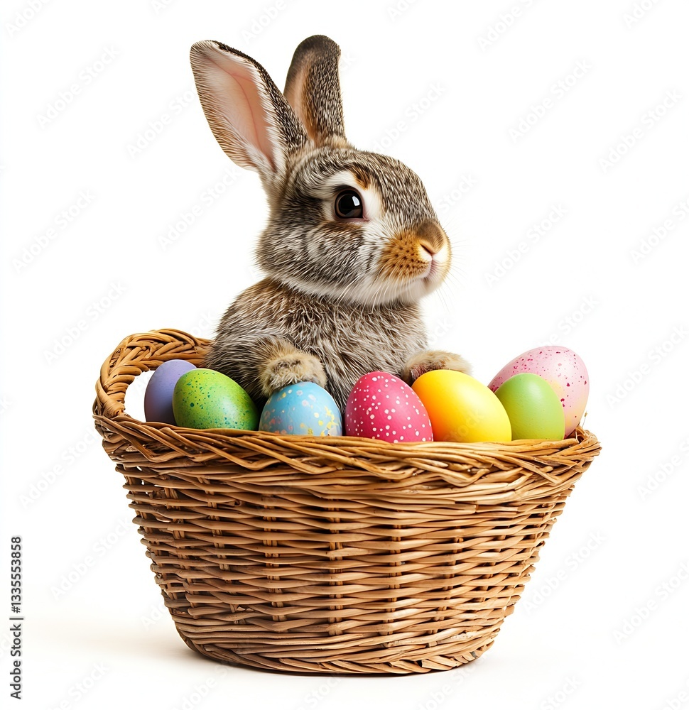 Poster playful rabbit surrounded by bright easter eggs in a natural woven basket on a soft white backdrop :