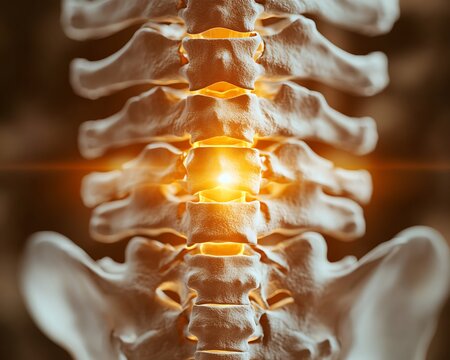 Illuminated model of a human spinal column showing lumbar vertebrae
