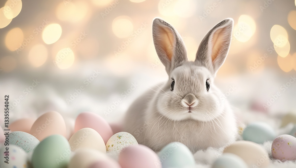 Poster charming white rabbit resting among beautiful pastel easter eggs with soft lighting : generative ai