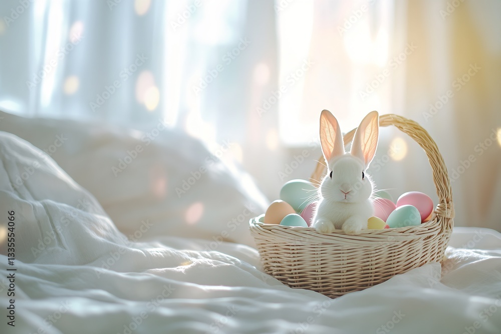 Poster charming white bunny resting in a basket filled with colorful easter eggs against a soft pastel back