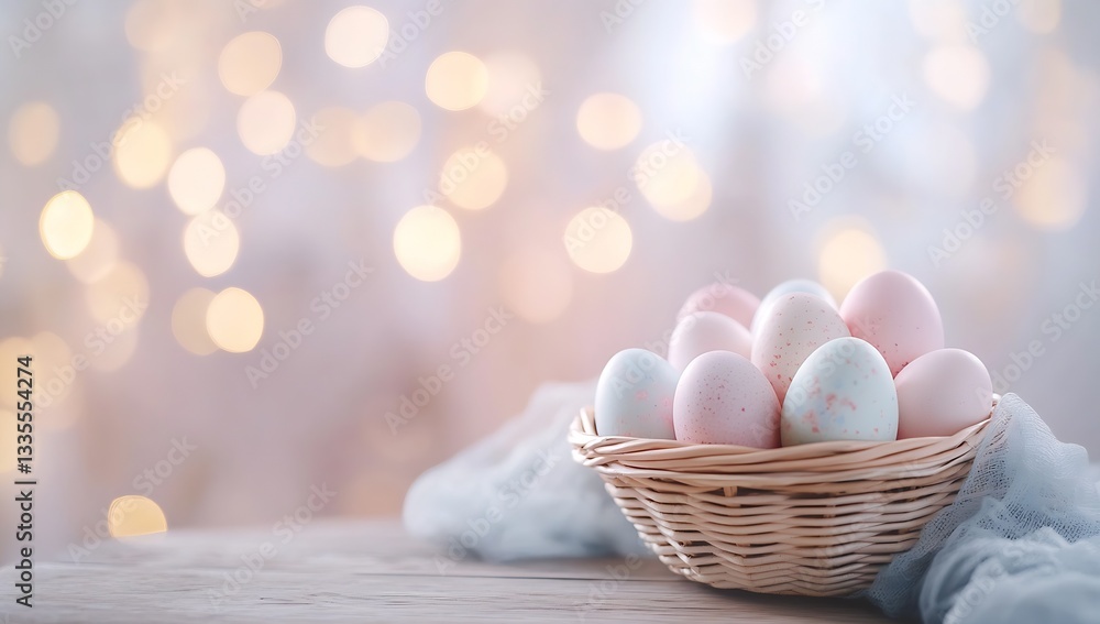 Poster elegant basket filled with pastel colored easter eggs set against a dreamy background of soft light 