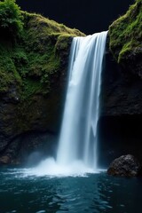 Fototapeta premium Isolated waterfall, cascading water, black background, powerful, clean