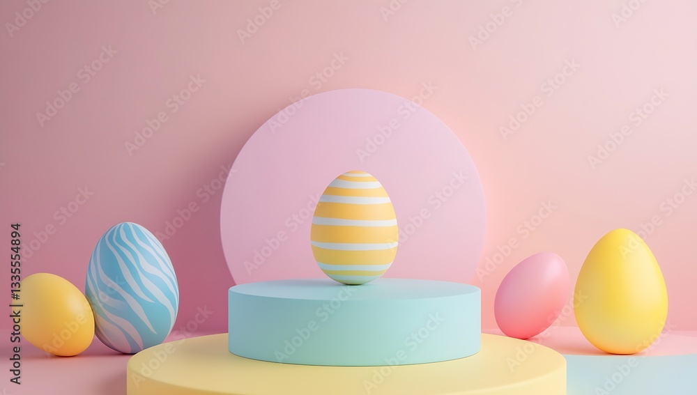 Poster colorful easter eggs in pastel tones on a circular pedestal with a creative backdrop : generative ai