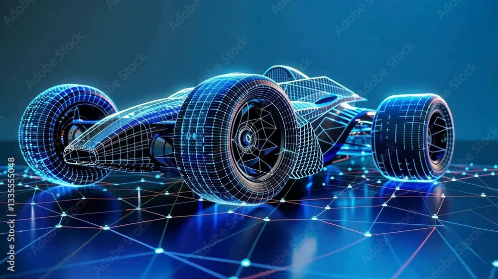 Poster futuristic digital rendering of race car with glowing blue wireframe design on dark background, show