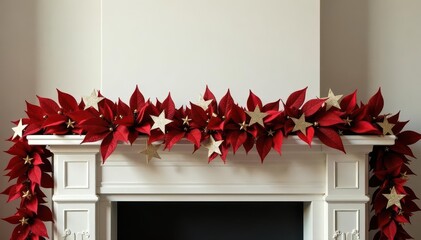 Ornate red and gold star garland draped on mantelpiece, traditional, winter