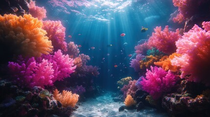 Naklejka premium Underwater vibrant coral reef, sunlight rays, colorful fish, ocean floor
