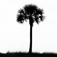 Silhouette of a palmetto tree swaying in the breeze and white background