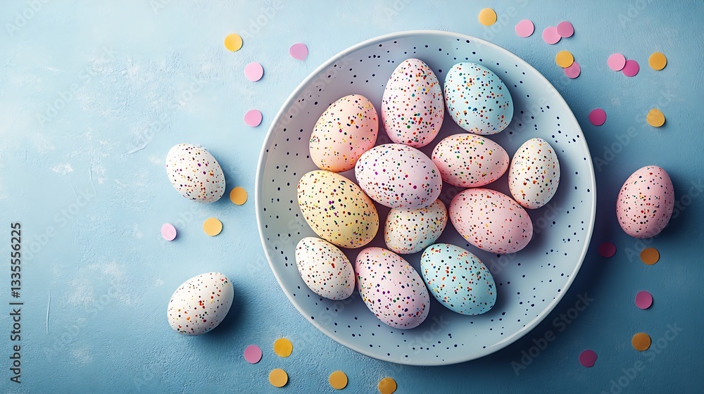 Aufkleber colorful plated assortment of speckled easter eggs arranged on a blue surface with playful confetti 