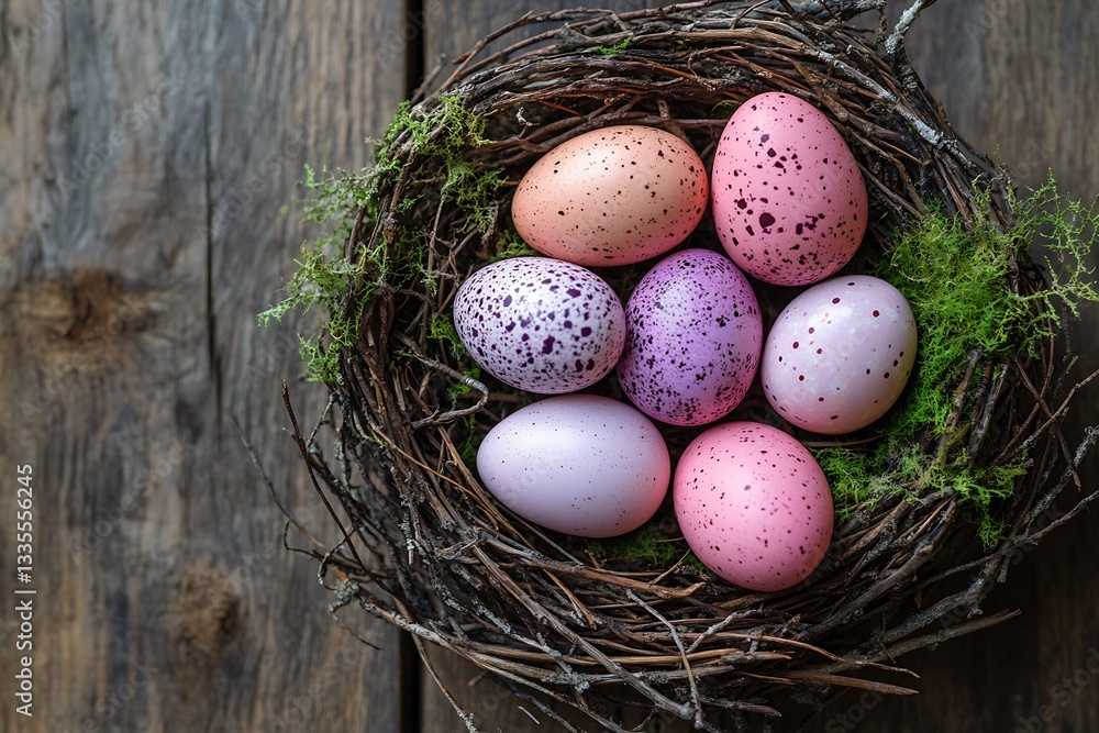 Poster colorful easter eggs arranged beautifully in a rustic nest on a wooden table : generative ai