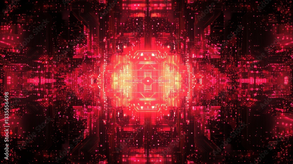 Poster abstract red digital circuit board technology background futuristic glowing lines network design pat