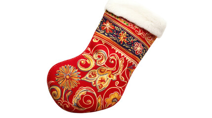 festive Christmas stocking with decorative patterns isolated on white background
