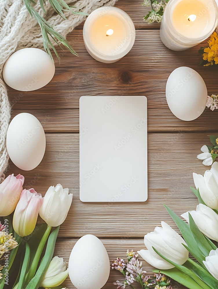 Poster Stylish Easter display with eggs candles and spring flowers creating a serene and inviting atmosphere : Generative AI