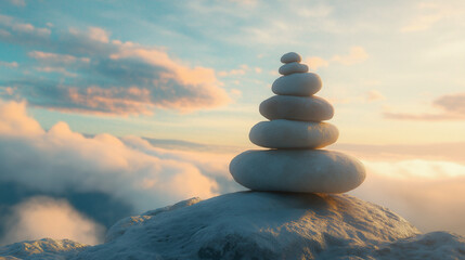 Balanced stones stacked on a mountain peak against a cloudy sky  